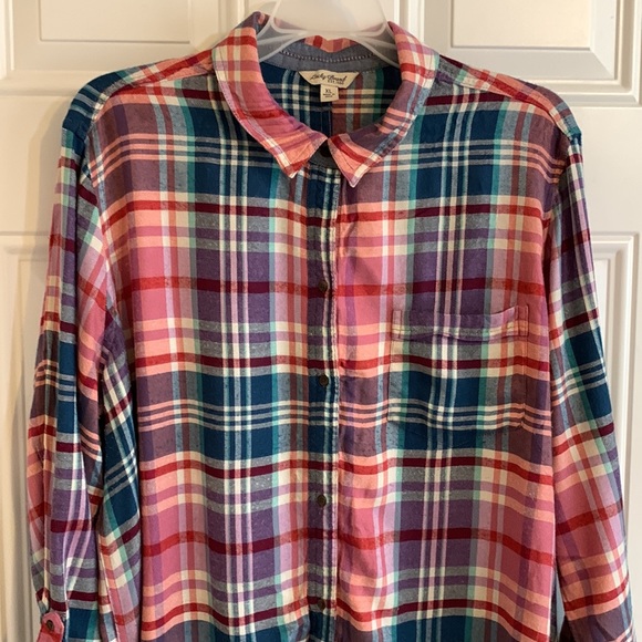 Lucky Brand Plaid Split Back Flannel Button Down Shirt Women’s Top Size XL - Picture 2 of 10